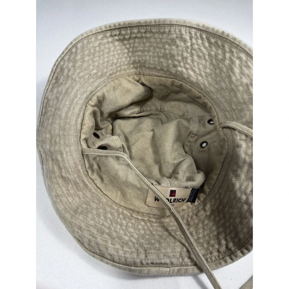 Vintage Woolrich Khaki Fisherman Bucket Hat With Straps Outdoor Sun Size Medium